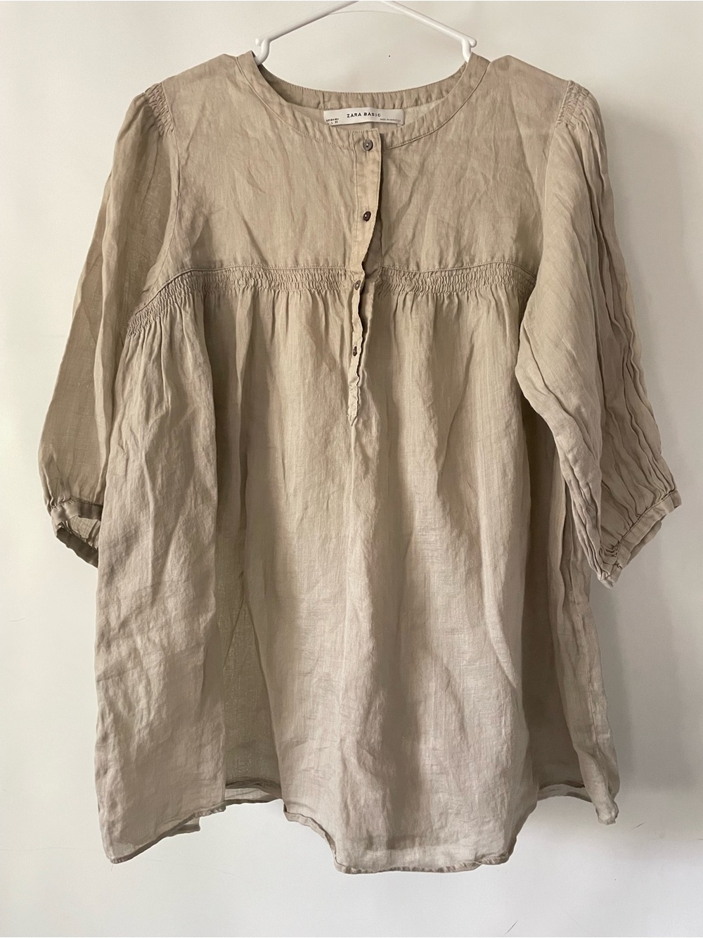 Zara Basics Women's Cream Linen Peasant Blouse Bell Sleeves Boho Size Lg